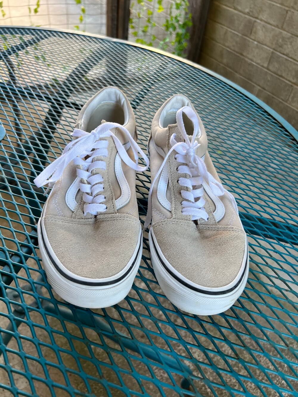 Vans Unisex Old Skool Canvas Suede Sneakers Beige White ~ Size 8.5 Men 10 Women